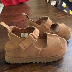 UGG New Golden Star Chestnut Suede Platform Sandals with Hook-and-Loop Straps